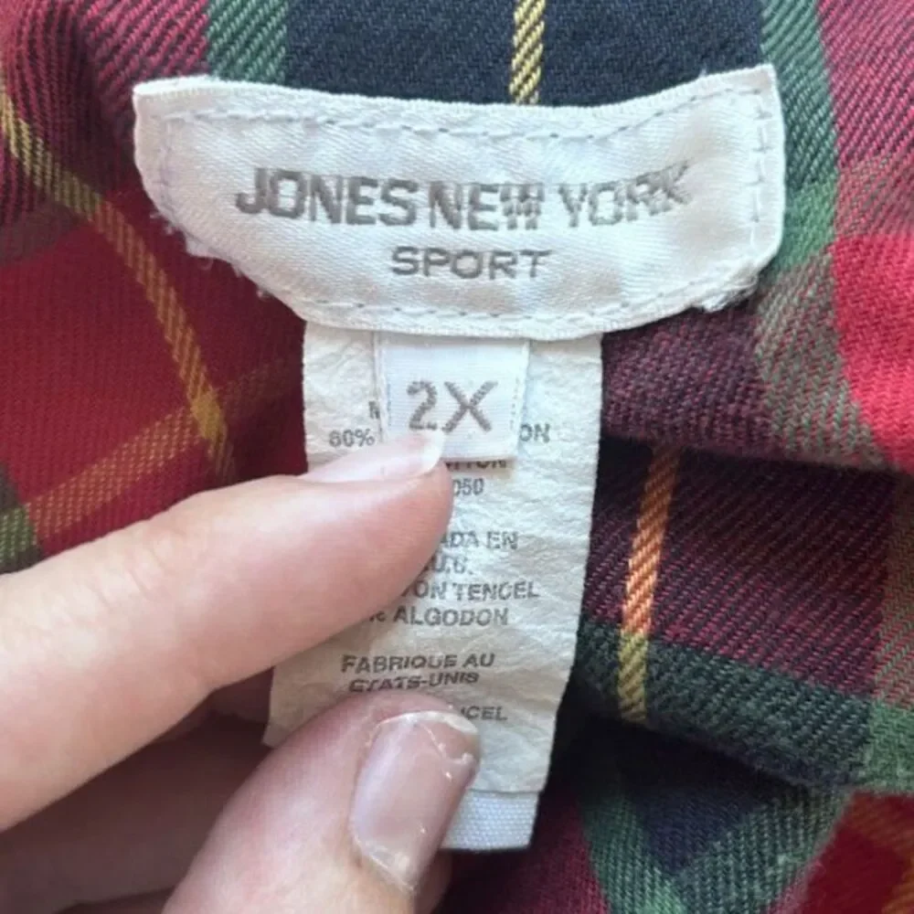Vtg‎ Jones New York Womens Denim Chore Jacket 2X Classic Barn Plaid Cotton Dark